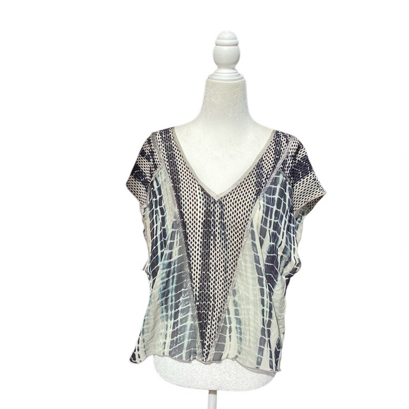 Burning Torch Upcycled Silk Blouse in Tie Dye Indigo on light Gray mesh detail - Picture 9 of 16